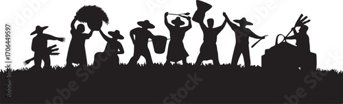 Black silhouette of farmers harvesting hay and working with tools on grassy ground wheat