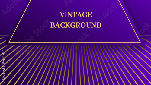 Vintage gradient background in purple tones with golden rays and truncated triangle shape. Elegant decorative design for banners, covers, and invitations.
