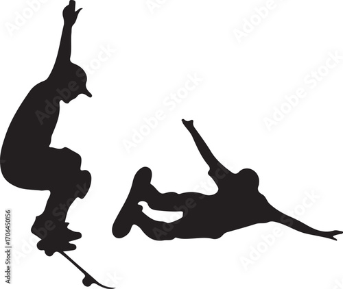 Black silhouette of two skateboarders performing tricks on white background skateboarding action