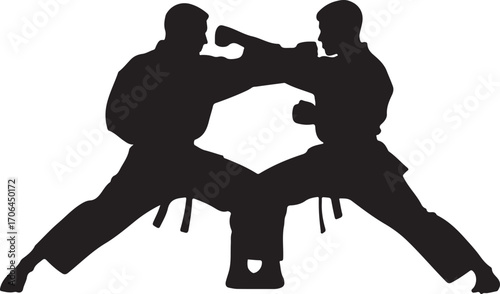 Black silhouette of two martial artists in combat stance karate martial arts