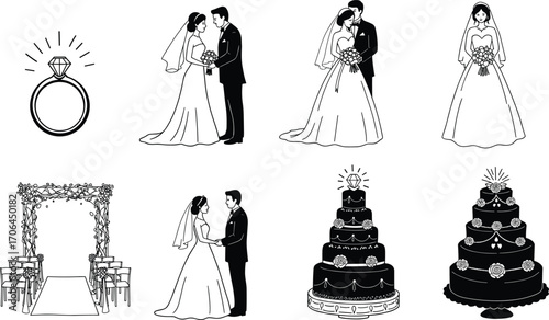 Wedding, ceremony, bride, groom, engagement ring, wedding cake, bridal bouquet, wedding arch, marriage celebration, romantic couple, nuptials, love, vows, reception, anniversary,