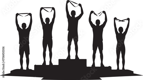 Five black silhouette figures on a podium holding up ribbons victory
