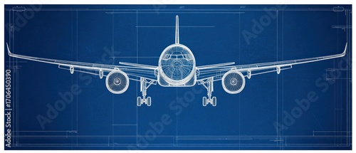 Airplane blueprint technical drawing of passenger aircraft front view