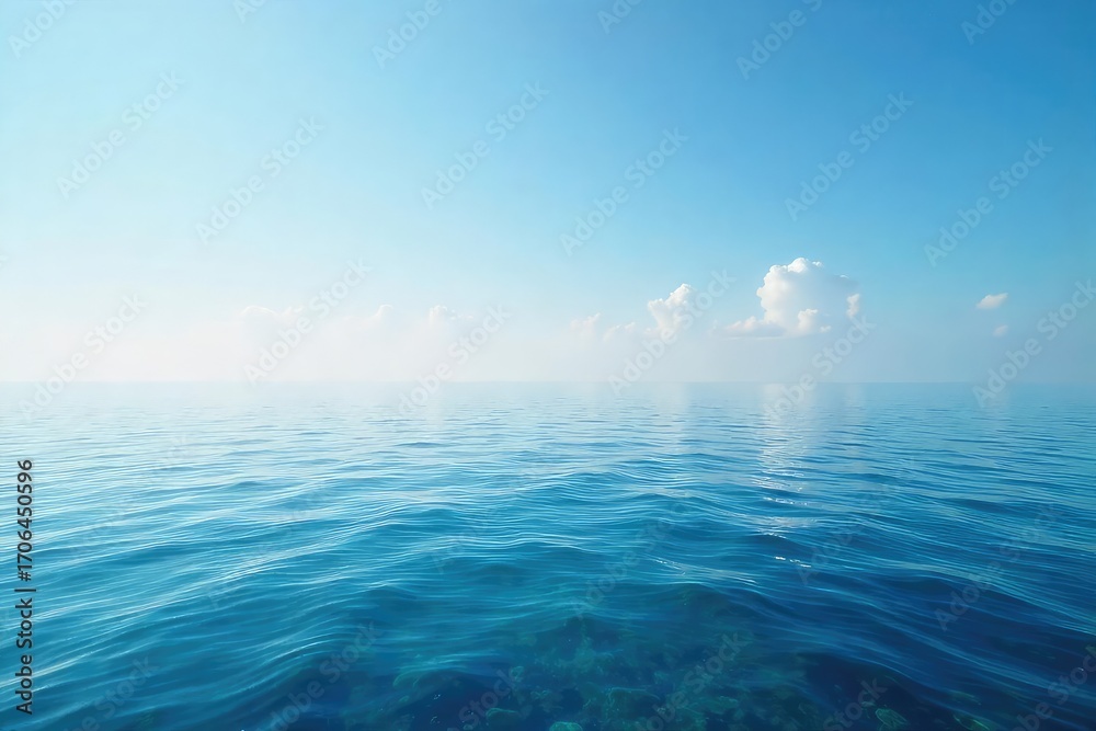 Fototapeta premium Vast, unbroken expanse of calm ocean meeting the horizon under a clear sky Perfect for travel, serenity, and nature themes A tranquil seascape image , tranquil, peaceful scene