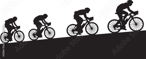 Four black silhouettes of cyclists on bicycles ascending a slope against a white background cycling sport