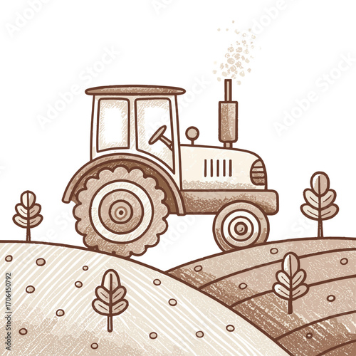 Vintage tractor driving on hilly farmland with small trees  