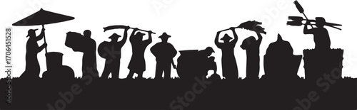 Silhouette of people carrying objects and working in a field vector