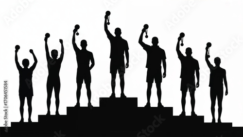 Silhouettes of athletes on a podium holding up medals against a white background winner