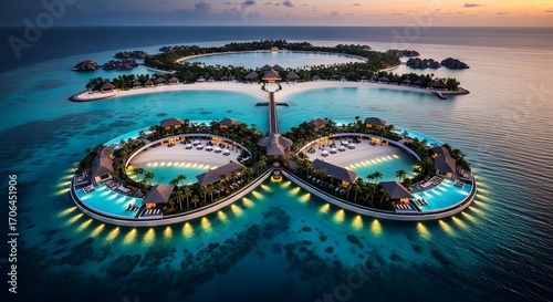 Aerial view of luxurious tropical island resort in maldives with ocean villas and turquoise water at sunset