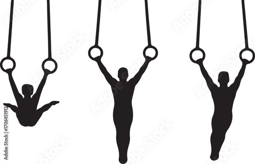 Three black silhouette gymnasts performing on rings against white background gymnastics athlete