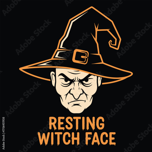 Humorous Halloween Design Resting Witch Face with Cartoon Witch Depicted Wearing a Pointed Hat