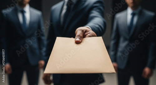 Close-up of beige envelope offered by businessman, two colleagues blurred in background, suggesting business transaction, deal, or secret information