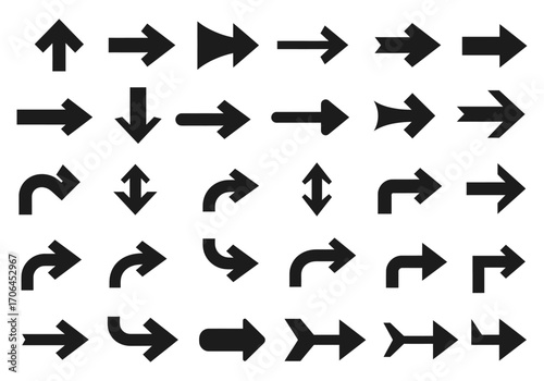 A comprehensive collection of various black arrow icons and pointers, useful for design, navigation, and directional indications in digital and print media projects
