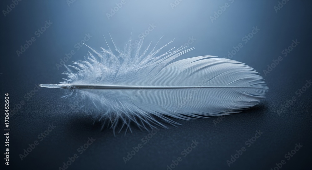 Obraz premium Delicate feather in blue: A pristine white feather, set against a serene blue backdrop, captures the essence of elegance and softness.
