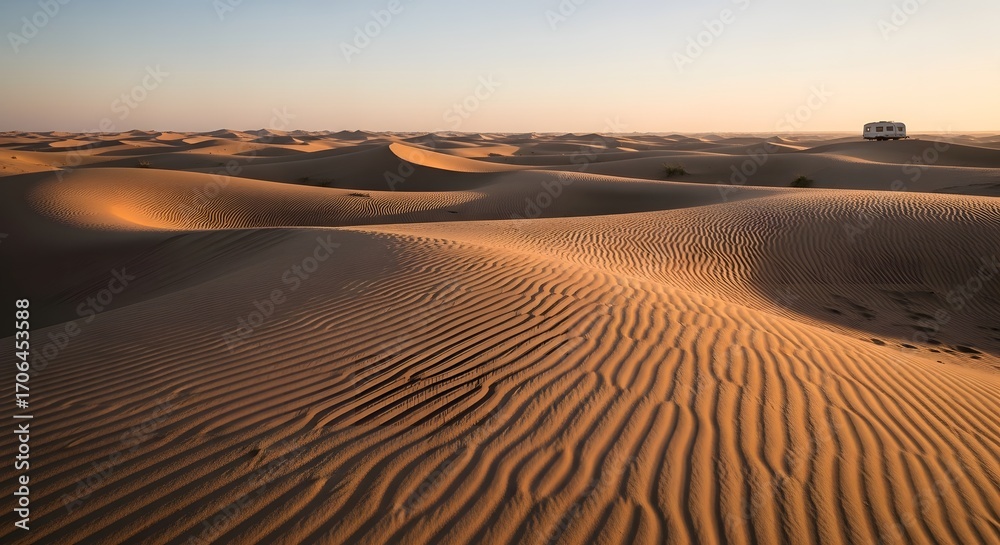 Naklejka premium Desert sand dunes landscape scenic travel destination adventure rv vehicle golden hour sunlight horizon view