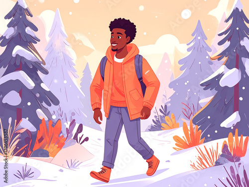 Flat Design Hiker Walking in Forest