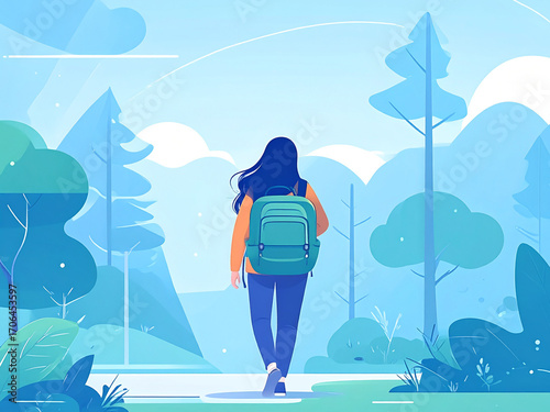 Flat Design Hiker Walking in Forest