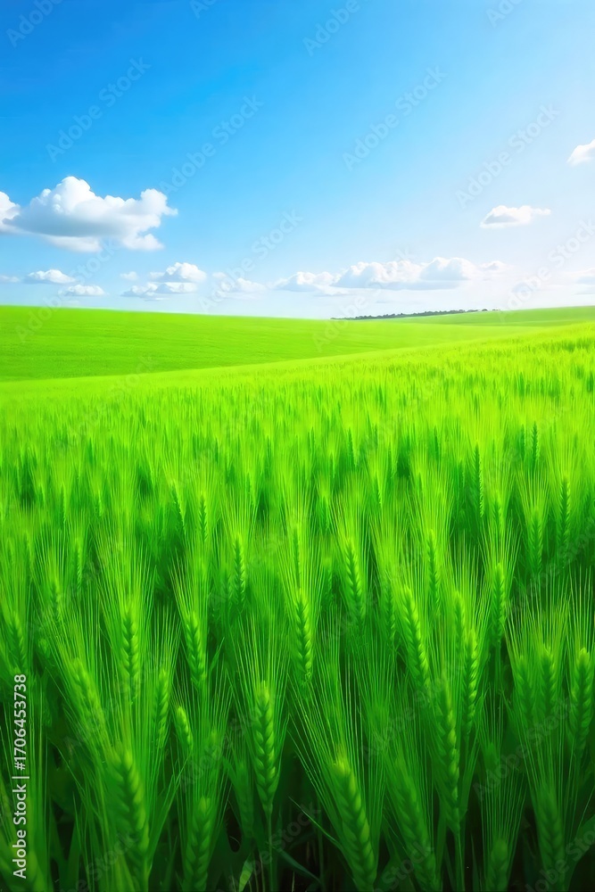 Fototapeta premium Vibrant green wheat field stretching to the horizon under a bright blue sky; untouched, pristine, and full of life Perfect for agriculture, nature, and environmental themes , sky, sunlight, plant