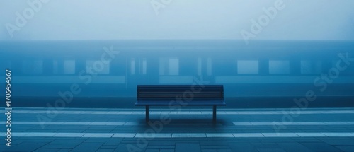 Solitary bench at hazy train platform cool blue atmospheric scene