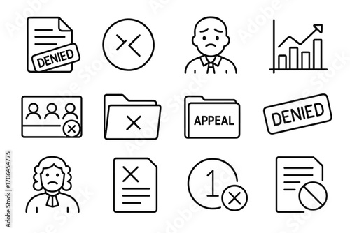 Appeal Denial Icons. Line style icons of appeal denials: file stamped denied again, second rejection symbol, sad applicant icon,