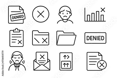 Appeal Denial Icons. Line style icons of appeal denials: file stamped denied again, second rejection symbol, sad applicant icon,