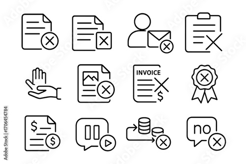Freelance Rejection Icons. Line style icons of freelance project rejections: proposal declined, brief rejected, client no response