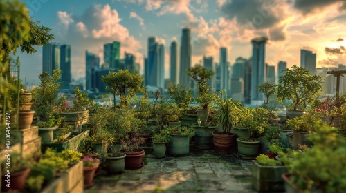 Rooftop Garden Oasis Overlooking Singapores Skyline at Sunset, Urban Greenery.