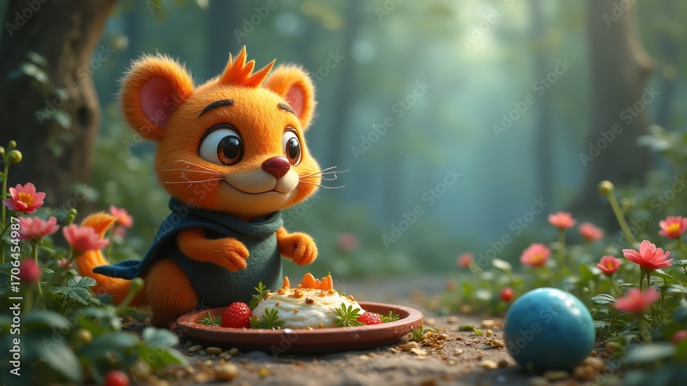 Naklejka premium Cute Orange Mouse Character Enjoying a Picnic in the Sunny Forest