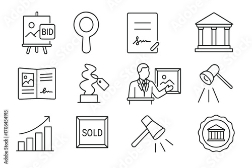 Art Auction Icons. Line style icons of art bidding: canvas with bid icon, gallery auction paddle, artist signature form, fine art