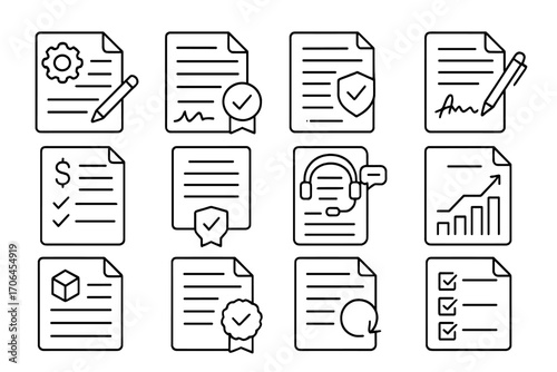 Service Contract Icons. Line style icons of service contracts: maintenance agreement icon, signed service plan, terms and