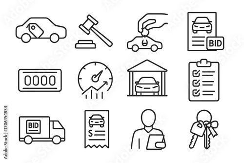 Vehicle Auction Icons. Line style icons of vehicle auctions: car with tag icon, auto gavel, key handover at auction, bid paper