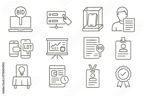 Tech Auction Icons. Line style icons of tech auctions: laptop with bid card, server tag icon, tablet in glass display, bidder
