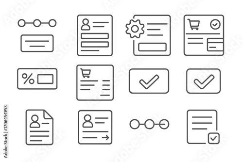 E-commerce Checkout Icons. Line style icons of e-commerce checkout process: checkout step wizard, address entry form, shipping
