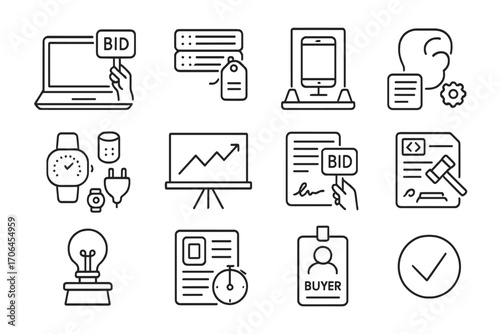 Tech Auction Icons. Line style icons of tech auctions: laptop with bid card, server tag icon, tablet in glass display, bidder