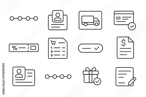 E-commerce Checkout Icons. Line style icons of e-commerce checkout process: checkout step wizard, address entry form, shipping