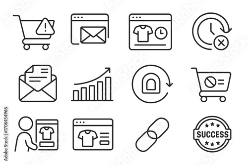 Abandoned Cart Recovery Icons. Line style icons of abandoned cart recovery: cart with alert icon, reminder email popup, product