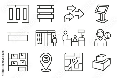 Store Layout Icons. Line style icons of store layouts: floor plan with aisles, product category signage, customer flow arrows,