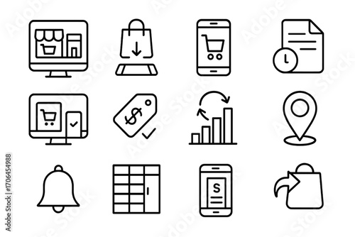 Retail Line Icons. Line style icons of multi-channel retail: online and in-store icon, click-and-collect option, mobile cart sync,