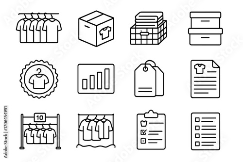 Wholesale Apparel Icons. Line style icons of wholesale apparel: hanging bulk garments, clothing box icon, folded shirts in crate,