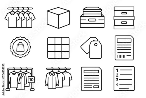 Wholesale Apparel Icons. Line style icons of wholesale apparel: hanging bulk garments, clothing box icon, folded shirts in crate,