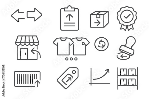 Product Exchange Icons. Line style icons of product exchanges: item swap arrows, exchange request form, exchanged goods box,