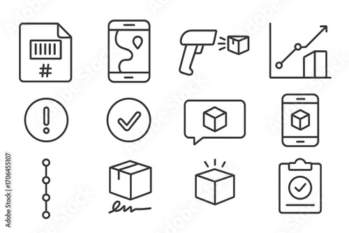 Delivery Tracking Icons. Line style icons of delivery tracking: tracking number file, live route on map, package scan icon,