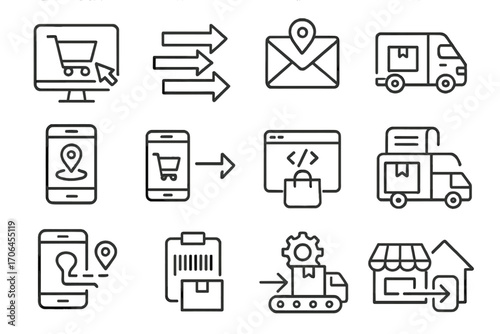 E-commerce Logistics Icons. Line style icons of e-commerce logistics: online order flow, pick-pack-ship arrows, tracking email
