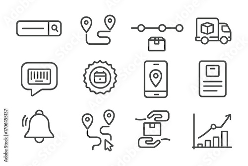 Shipping Icon Collection. Line style icons of shipping tracking: tracking ID form, route map with pins, delivery progress timeline