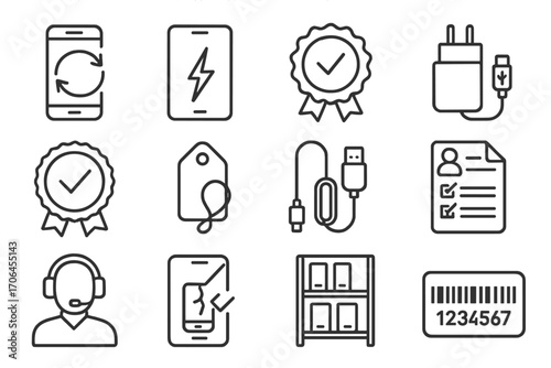 Electronics Exchange Icons. Line style icons of electronics exchanges: mobile phone with exchange arrows, defective item icon,