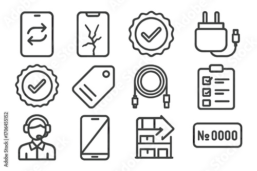 Electronics Exchange Icons. Line style icons of electronics exchanges: mobile phone with exchange arrows, defective item icon,