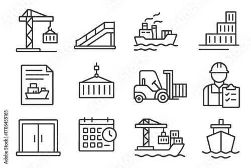 Port Operations Icons. Line style icons of dock and port shipping operations: dockside crane icon, loading ramp symbol, ship at