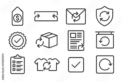 Exchange Marketing Icons. Line style icons of exchange program marketing: free exchange campaign, promotional banner with arrows,