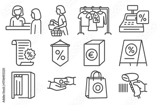 In-Store Sales Icons. Line style icons of in-store sales: sales clerk at counter, customer shopping icon, clothing rack with sale