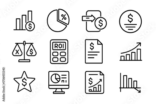 Financial Icons Overview. Line style icons of sales revenue and profit: dollar sign bar graph, profit margin icon, sales-to-profit